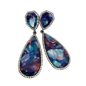 Teardrop Shaped Dangle Earrings with Royal Blue Beads Acrylic Rhinestone Trim